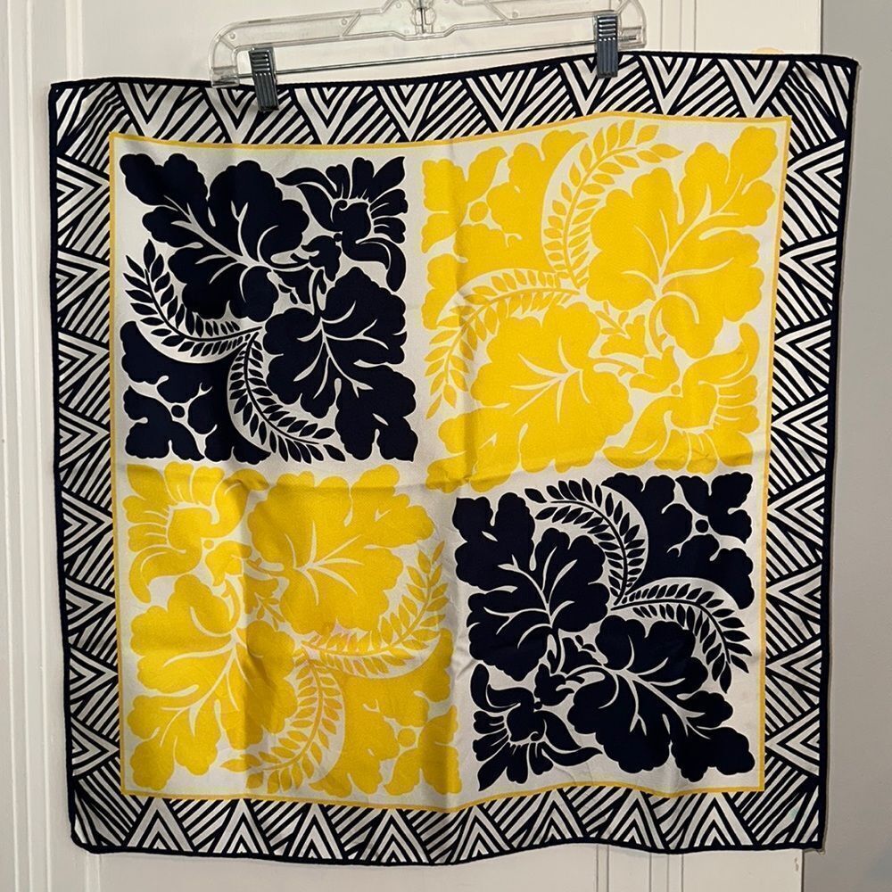 Dark navy blue, white & yellow tropical plant print polyester large‎ scarf